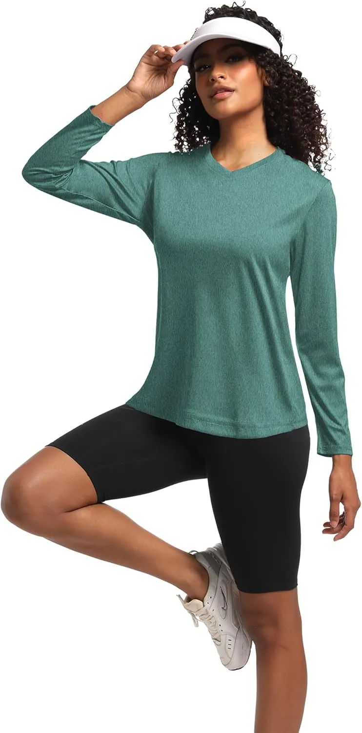 1/6 Pack Womens Long Sleeve Workout Shirts,UPF50  Dry Fit V Neck UV Sun Protection Running Athletic Tops T Shirts