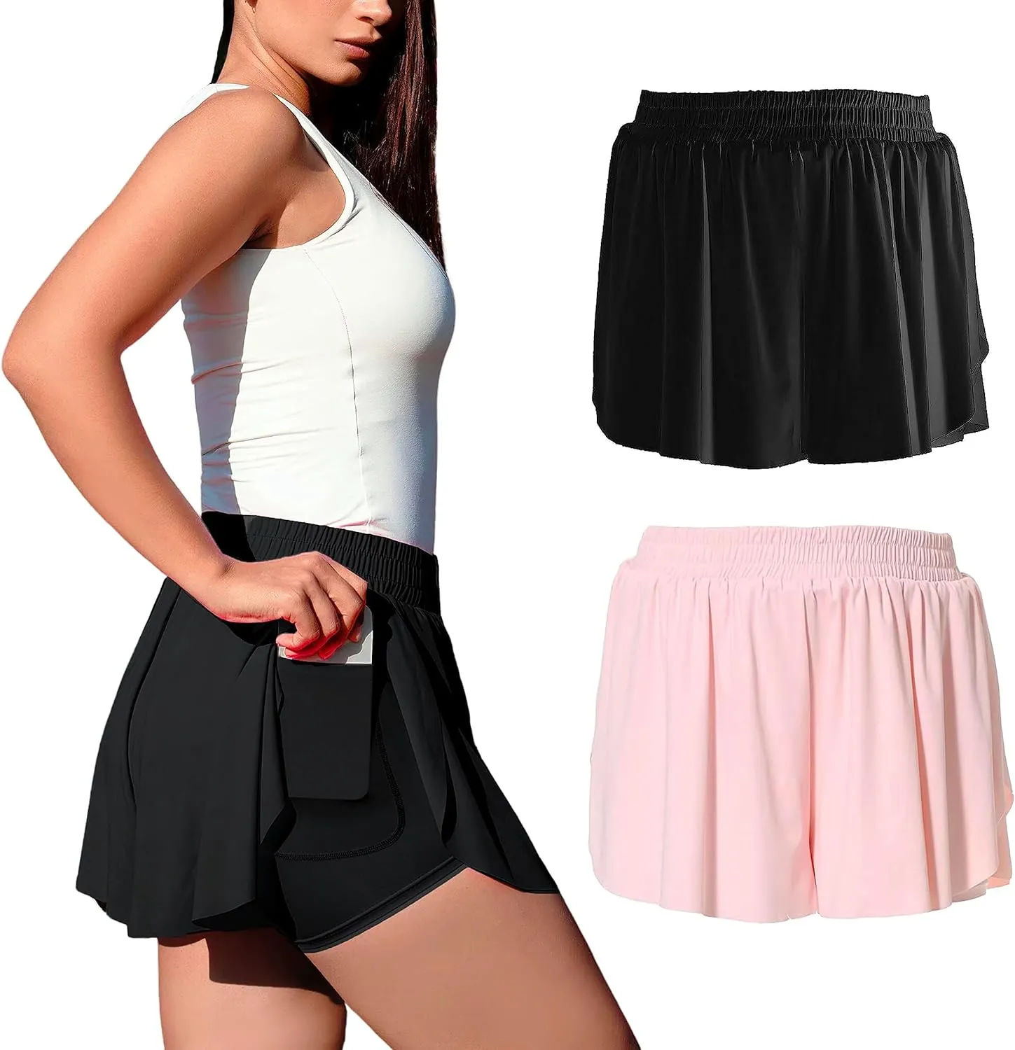 2 Pack Womens Butterfly Shorts Flowy Skirts 0-18, Preppy Tennis Golf Running Athletic Skort with Pockets