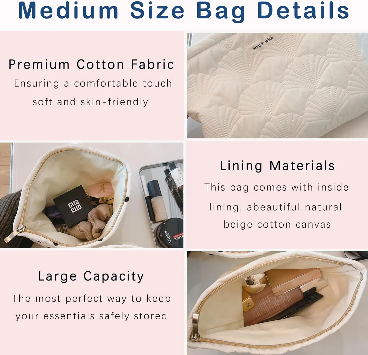 3Pcs Quilted Cotton Coquette Makeup bag, Coastal Granddaughter Aesthetic Cosmetic Bag, Cute Seashell Portable Travel Toiletry Pouch (08 3Pcs White)