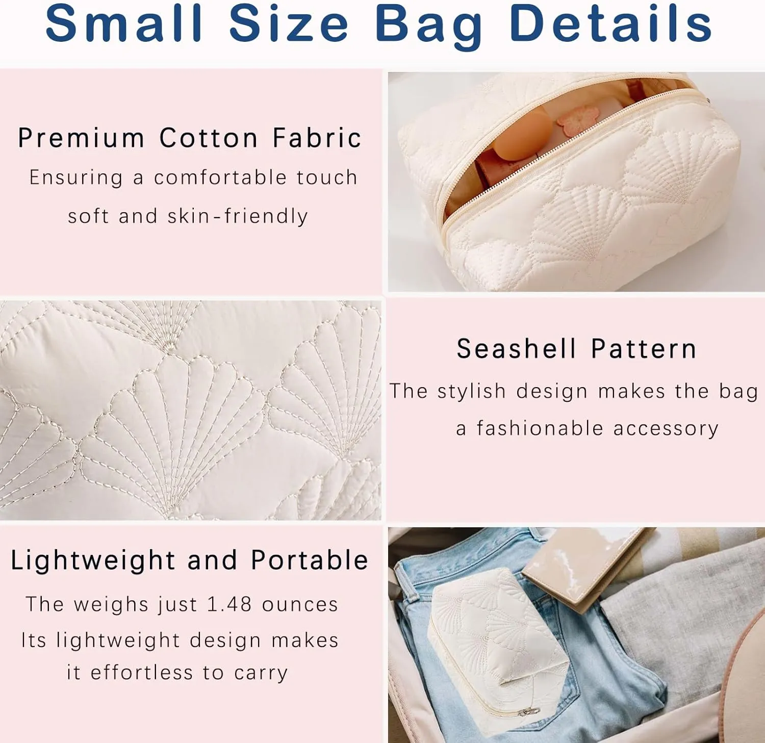 3Pcs Quilted Cotton Coquette Makeup bag, Coastal Granddaughter Aesthetic Cosmetic Bag, Cute Seashell Portable Travel Toiletry Pouch (08 3Pcs White)