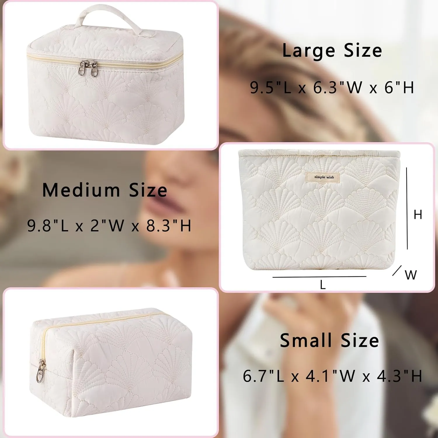 3Pcs Quilted Cotton Coquette Makeup bag, Coastal Granddaughter Aesthetic Cosmetic Bag, Cute Seashell Portable Travel Toiletry Pouch (08 3Pcs White)