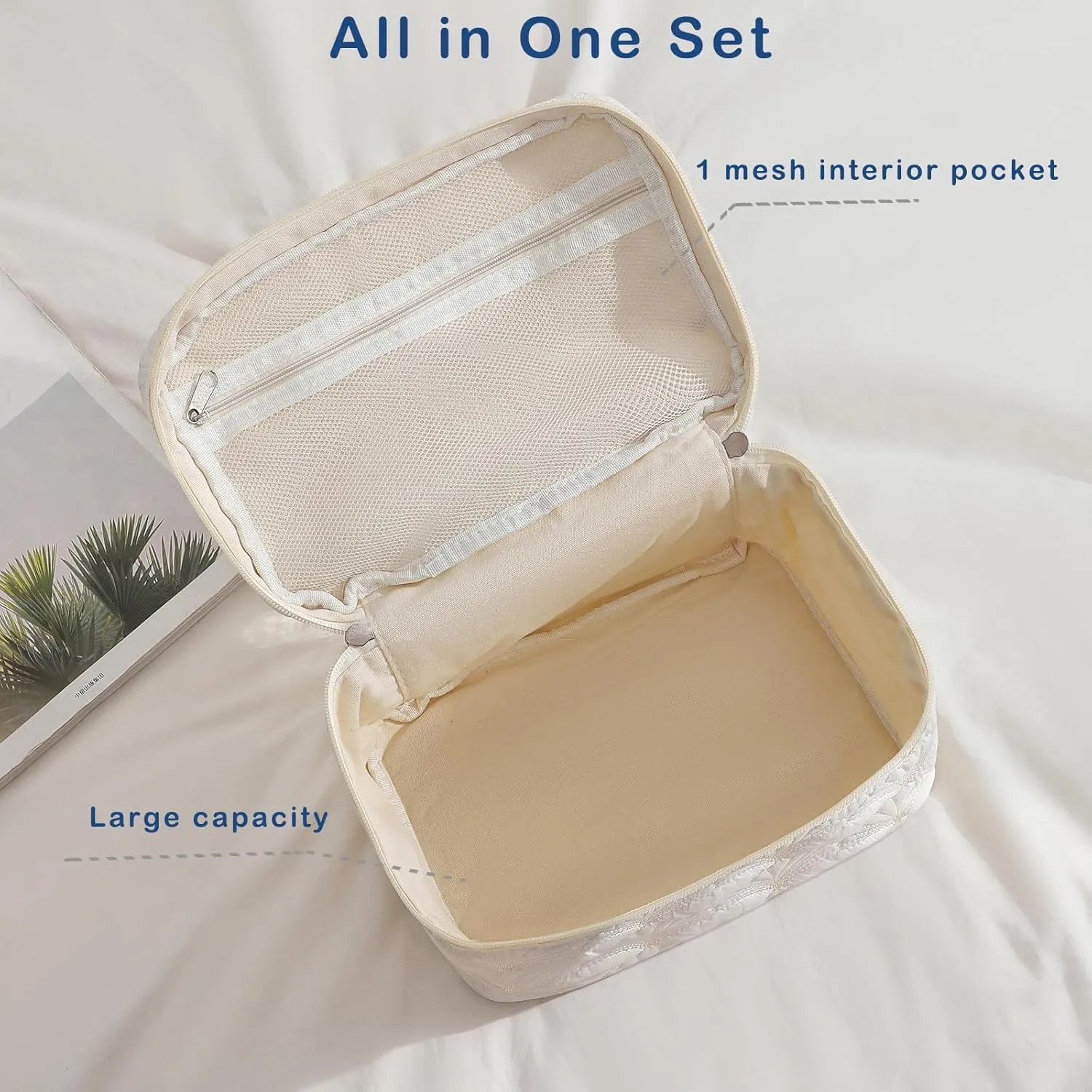3Pcs Quilted Cotton Coquette Makeup bag, Coastal Granddaughter Aesthetic Cosmetic Bag, Cute Seashell Portable Travel Toiletry Pouch (08 3Pcs White)