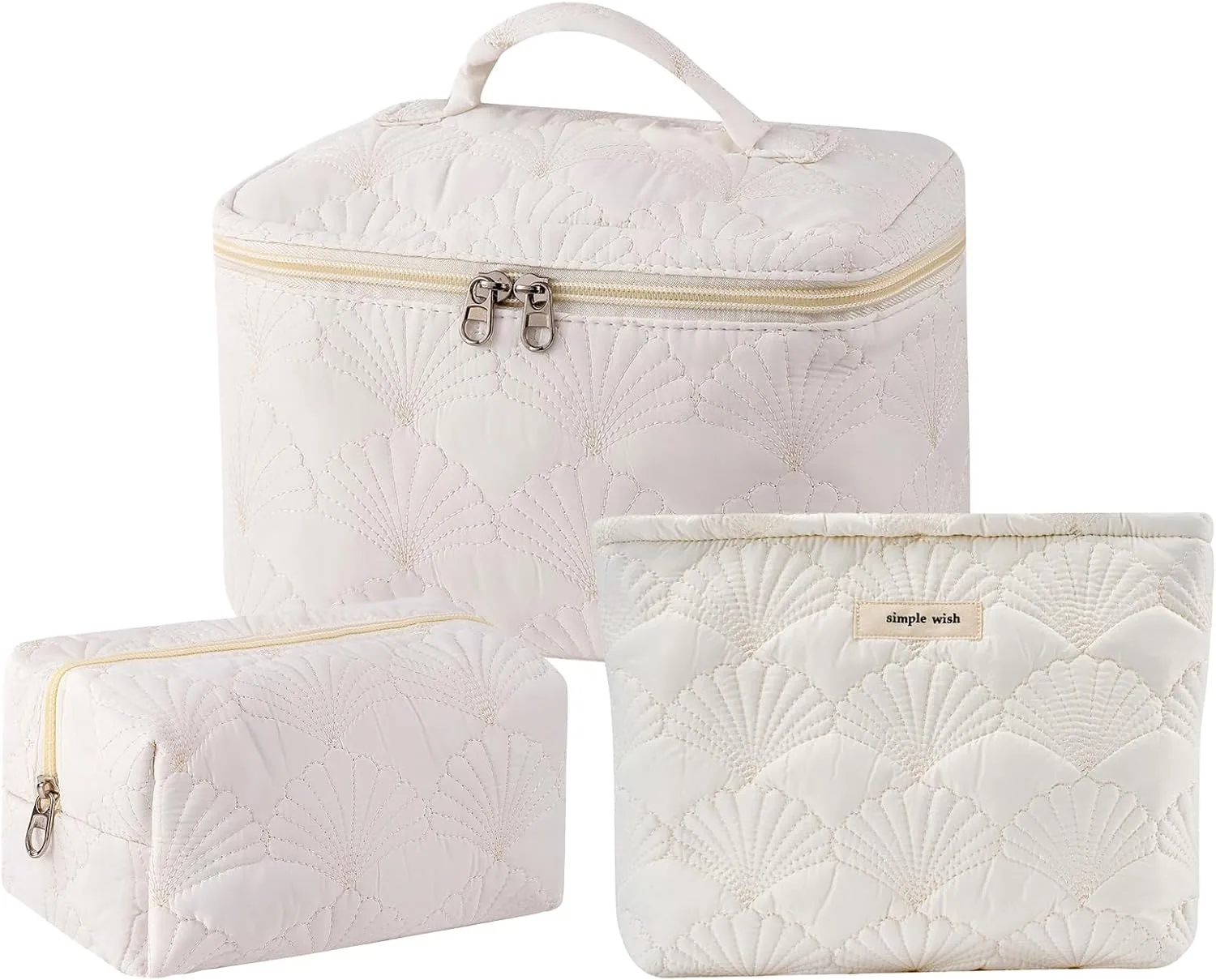 3Pcs Quilted Cotton Coquette Makeup bag, Coastal Granddaughter Aesthetic Cosmetic Bag, Cute Seashell Portable Travel Toiletry Pouch (08 3Pcs White)