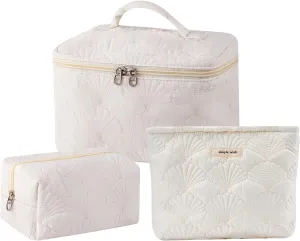 3Pcs Quilted Cotton Coquette Makeup bag, Coastal Granddaughter Aesthetic Cosmetic Bag, Cute Seashell Portable Travel Toiletry Pouch (08 3Pcs White)