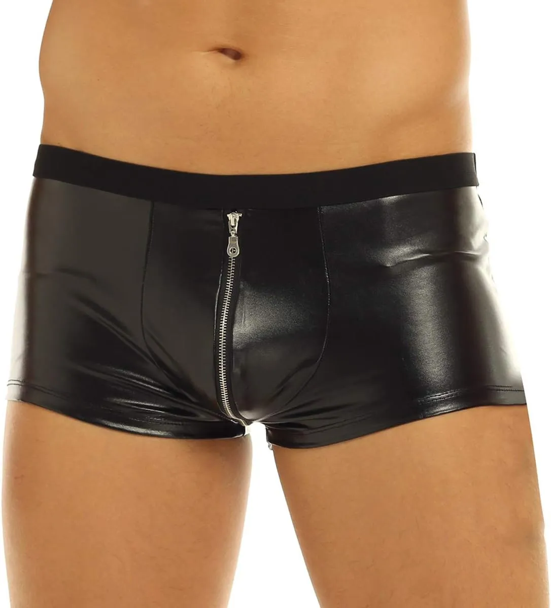 ACSUSS Mens Wet Look Faux Leather Bulge Pouch Boxer Briefs Shorts Underwear