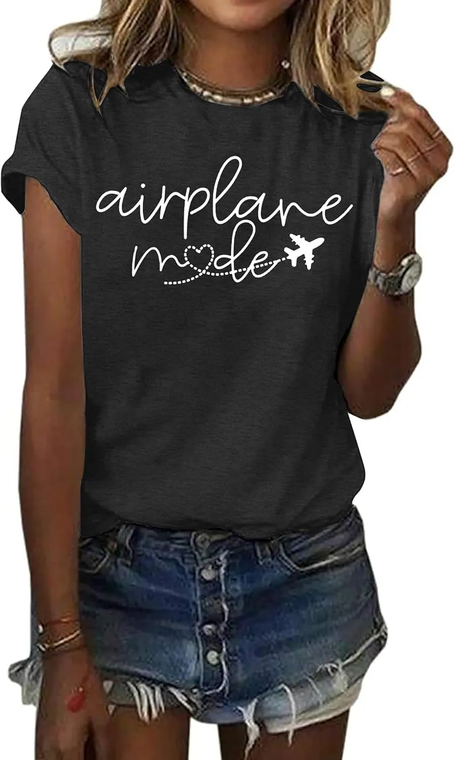 Airplane Shirt for Women Airplane Mode T Shirt Travel Graphic Tees Funny Letter Print Casual Crewneck Tops