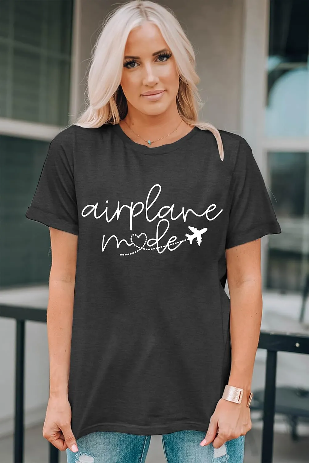 Airplane Shirt for Women Airplane Mode T Shirt Travel Graphic Tees Funny Letter Print Casual Crewneck Tops