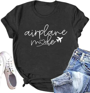 Airplane Shirt for Women Airplane Mode T Shirt Travel Graphic Tees Funny Letter Print Casual Crewneck Tops