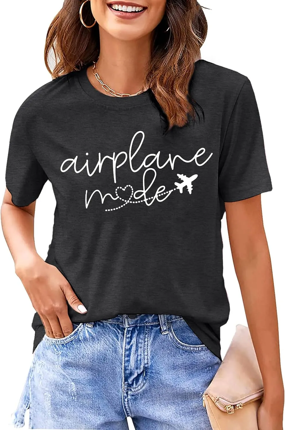 Airplane Shirt for Women Airplane Mode T Shirt Travel Graphic Tees Funny Letter Print Casual Crewneck Tops