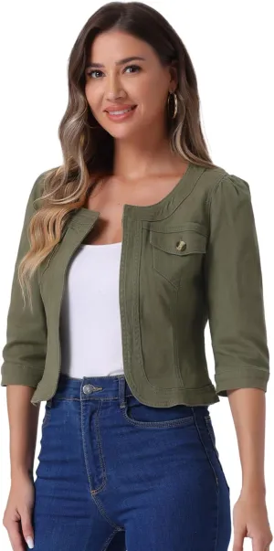 Allegra K Denim Jacket for Women's Collarless 2025 Cardigan 3/4 Sleeve Crop Jean Jackets