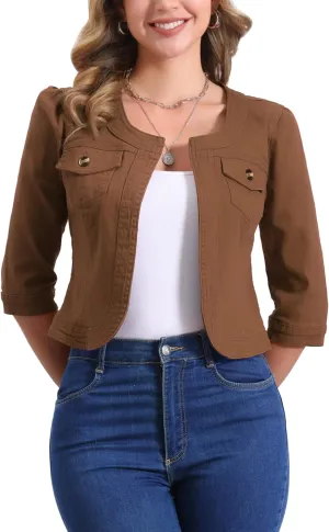 Allegra K Denim Jacket for Women's Collarless 2025 Cardigan 3/4 Sleeve Crop Jean Jackets