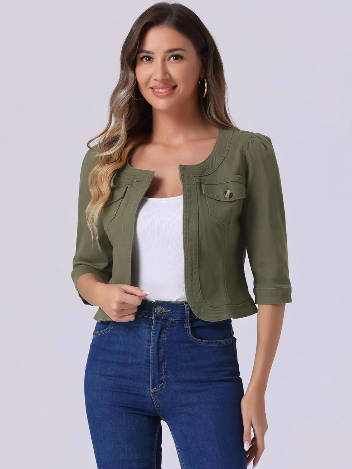 Allegra K Denim Jacket for Women's Collarless 2025 Cardigan 3/4 Sleeve Crop Jean Jackets