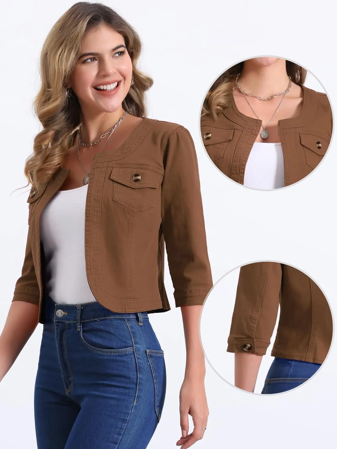 Allegra K Denim Jacket for Women's Collarless 2025 Cardigan 3/4 Sleeve Crop Jean Jackets