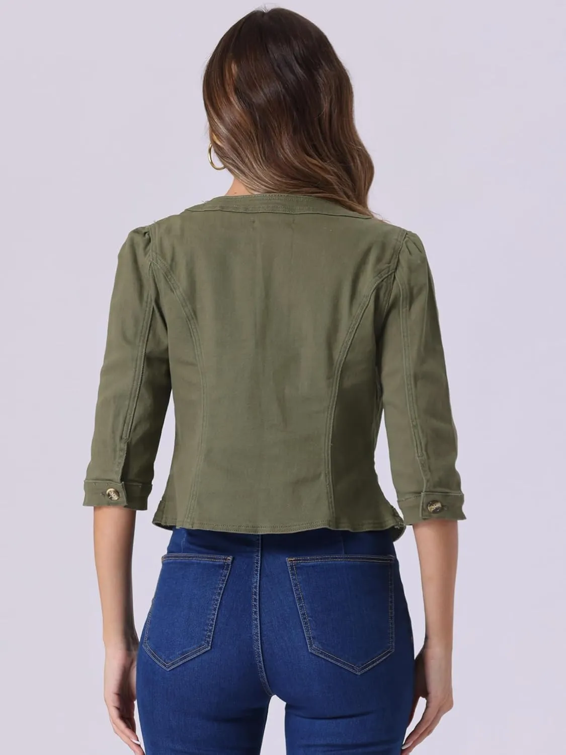 Allegra K Denim Jacket for Women's Collarless 2025 Cardigan 3/4 Sleeve Crop Jean Jackets
