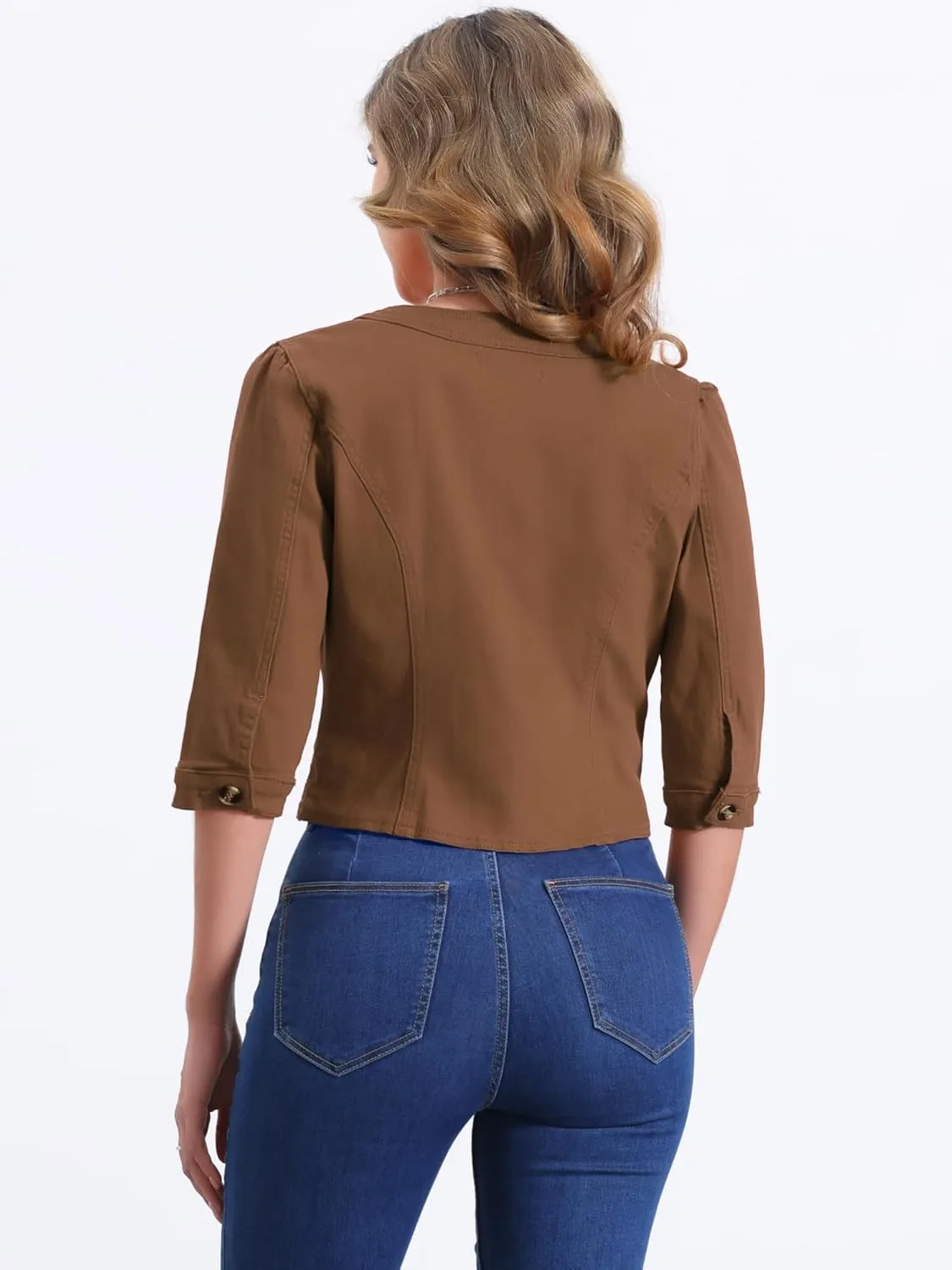 Allegra K Denim Jacket for Women's Collarless 2025 Cardigan 3/4 Sleeve Crop Jean Jackets