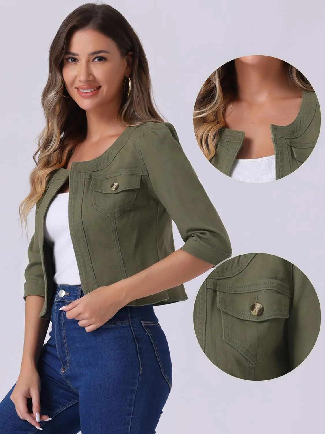 Allegra K Denim Jacket for Women's Collarless 2025 Cardigan 3/4 Sleeve Crop Jean Jackets