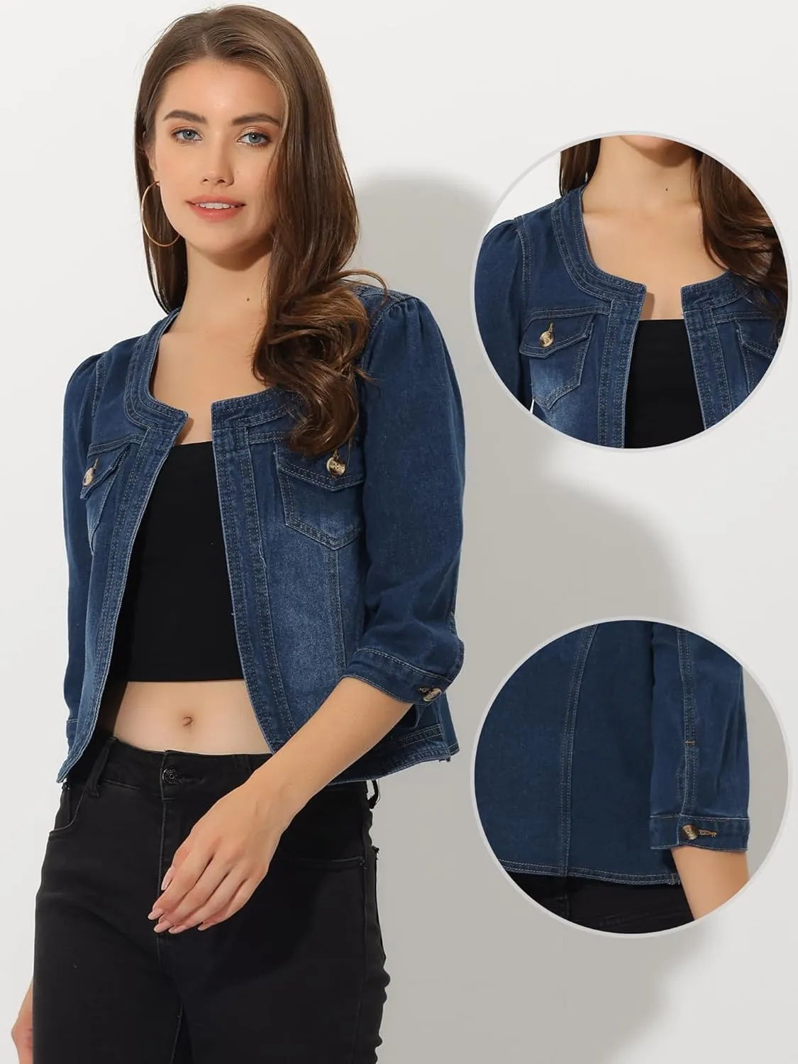 Allegra K Denim Jacket for Women's Collarless 2025 Cardigan 3/4 Sleeve Crop Jean Jackets