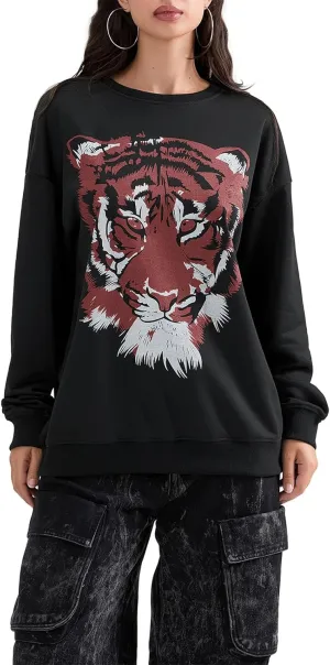 Amiblvowa Women Graphic Oversized Sweatshirt Y2K Long Sleeve Crew Neck Baggy Pullover Sweatshirt Teens Retro Aesthetic Hoodie