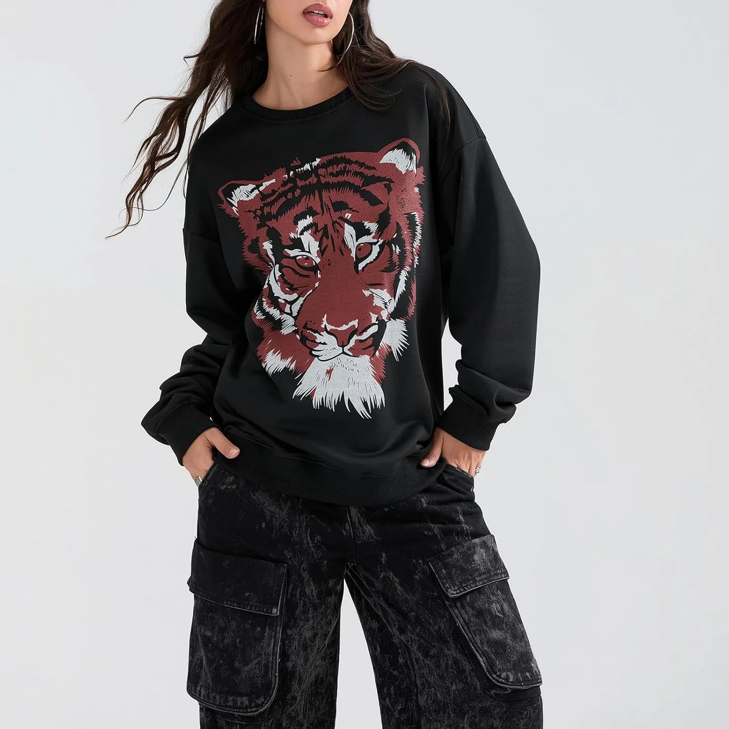 Amiblvowa Women Graphic Oversized Sweatshirt Y2K Long Sleeve Crew Neck Baggy Pullover Sweatshirt Teens Retro Aesthetic Hoodie