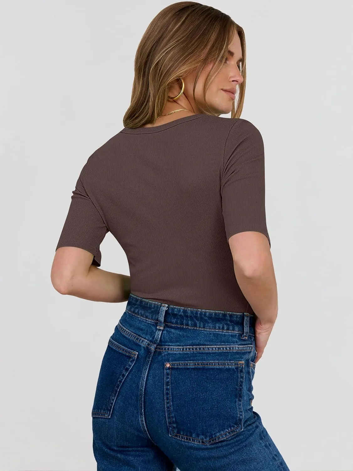ANRABESS Womens Half Sleeve Crewneck Tops Ribbed Knit Slim Fit Shirts Basic Tee 2025 Spring Summer Dressy Casual T-Shirts
