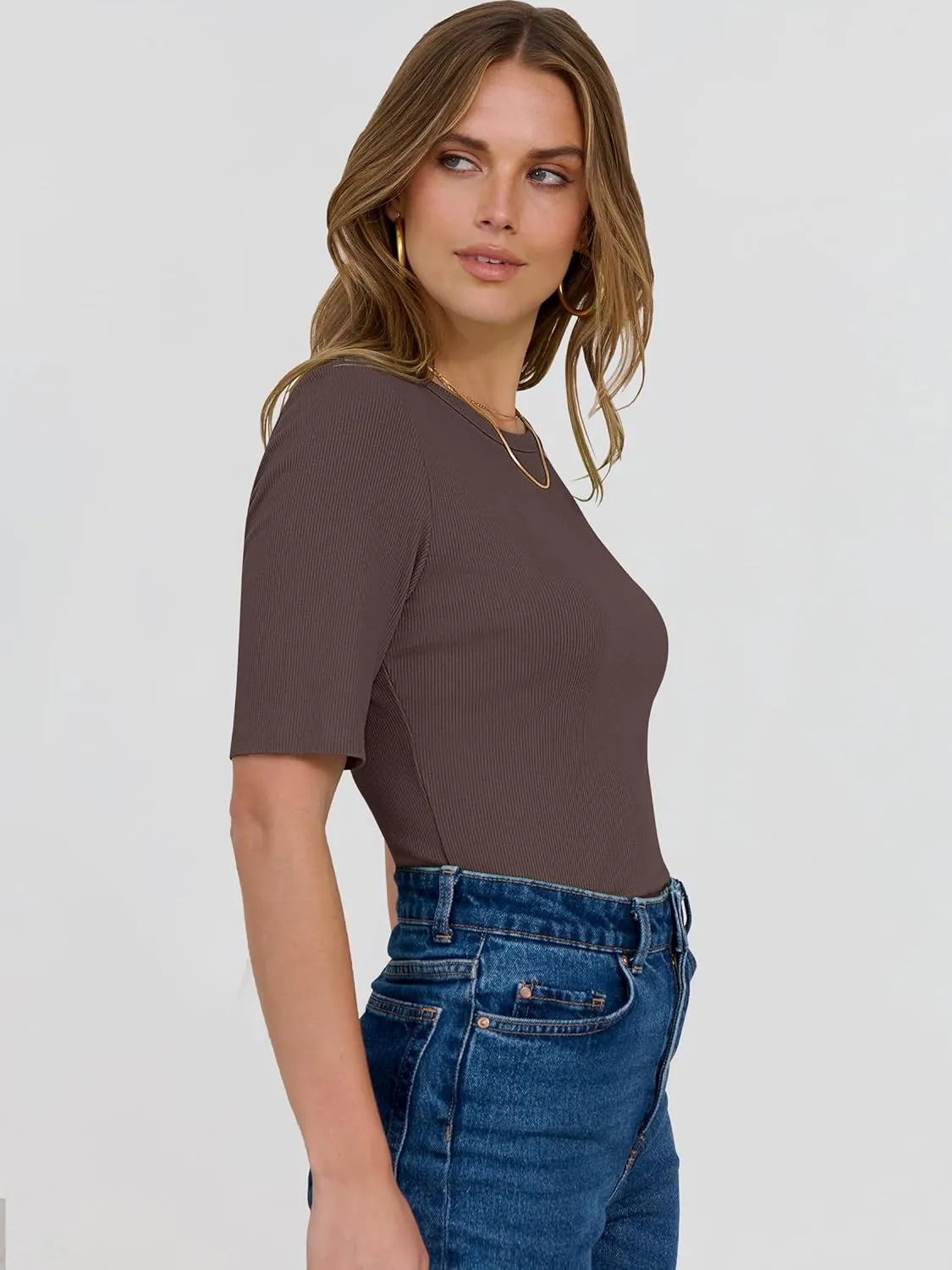 ANRABESS Womens Half Sleeve Crewneck Tops Ribbed Knit Slim Fit Shirts Basic Tee 2025 Spring Summer Dressy Casual T-Shirts