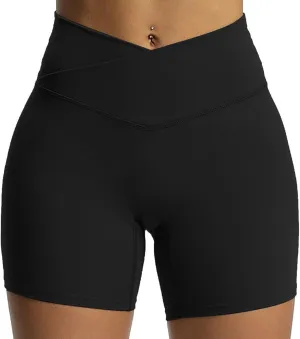 Aoxjox Trinity Workout Biker Shorts for Women Cross-Waist Crossover High Waisted Tummy Control Athletic Running Yoga Short 6"