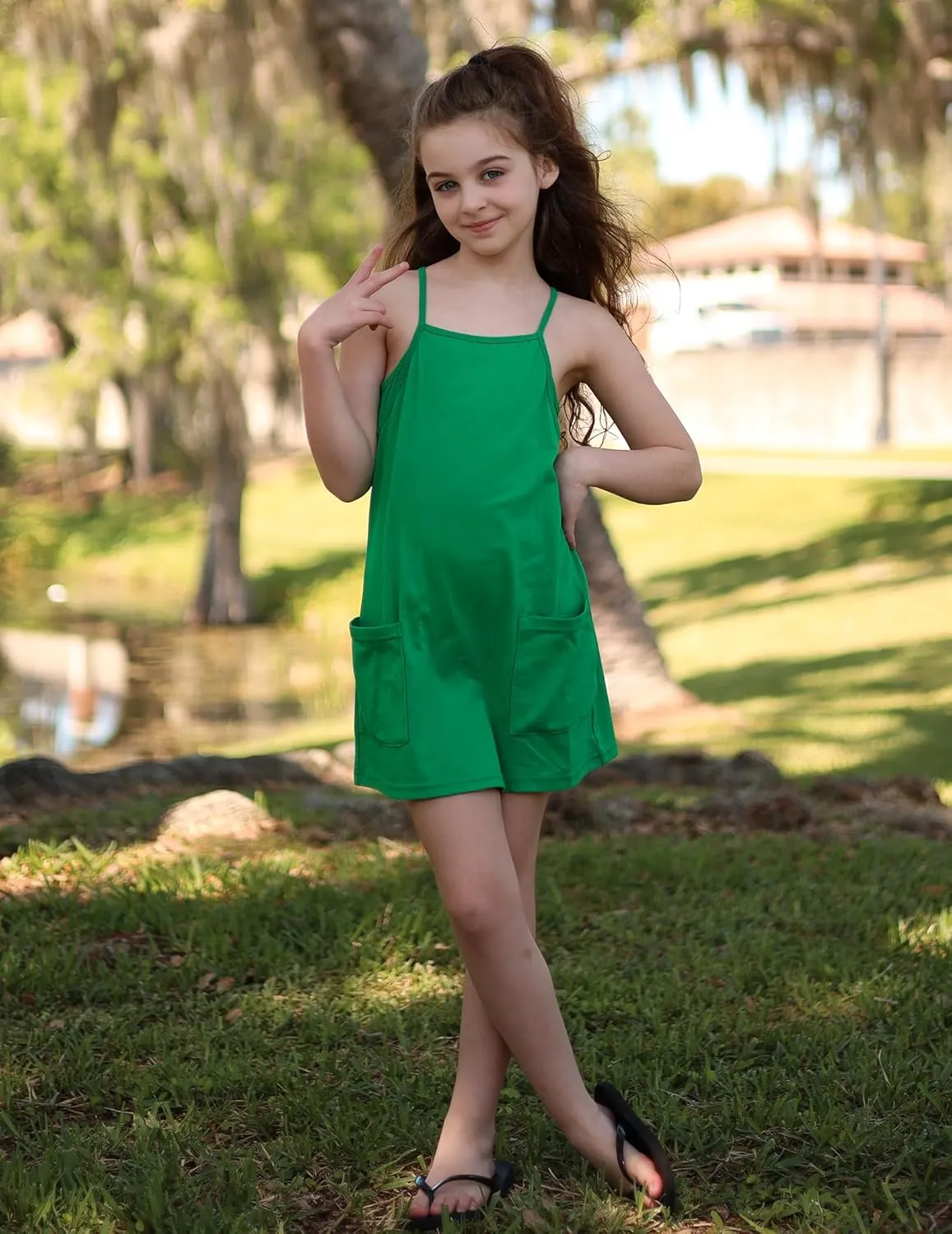 Arshiner Girls Dress with Shorts Casual Summer Spaghetti Straps One Piece Romper Dresses with Pockets for Kid 5-15 Y