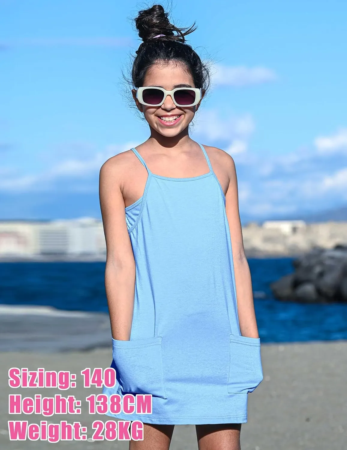 Arshiner Girls Dress with Shorts Casual Summer Spaghetti Straps One Piece Romper Dresses with Pockets for Kid 5-15 Y