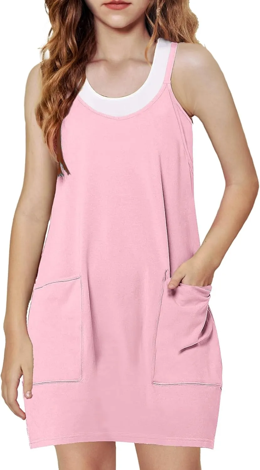 Arshiner Girls Dress with Shorts Casual Summer Spaghetti Straps One Piece Romper Dresses with Pockets for Kid 5-15 Y