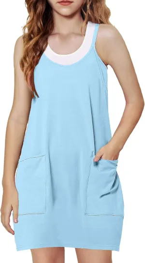 Arshiner Girls Dress with Shorts Casual Summer Spaghetti Straps One Piece Romper Dresses with Pockets for Kid 5-15 Y