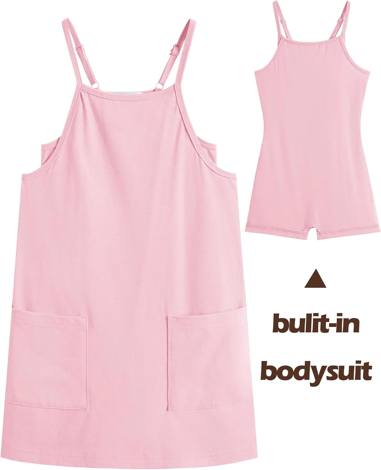 Arshiner Girls Dress with Shorts Casual Summer Spaghetti Straps One Piece Romper Dresses with Pockets for Kid 5-15 Y