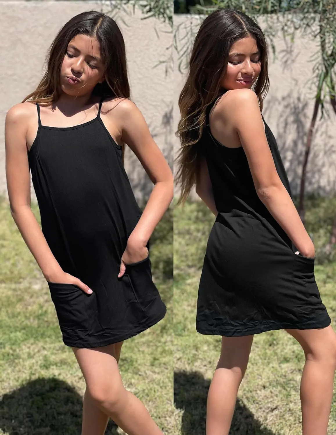 Arshiner Girls Dress with Shorts Casual Summer Spaghetti Straps One Piece Romper Dresses with Pockets for Kid 5-15 Y