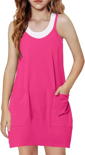 Arshiner Girls Dress with Shorts Casual Summer Spaghetti Straps One Piece Romper Dresses with Pockets for Kid 5-15 Y