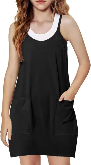 Arshiner Girls Dress with Shorts Casual Summer Spaghetti Straps One Piece Romper Dresses with Pockets for Kid 5-15 Y