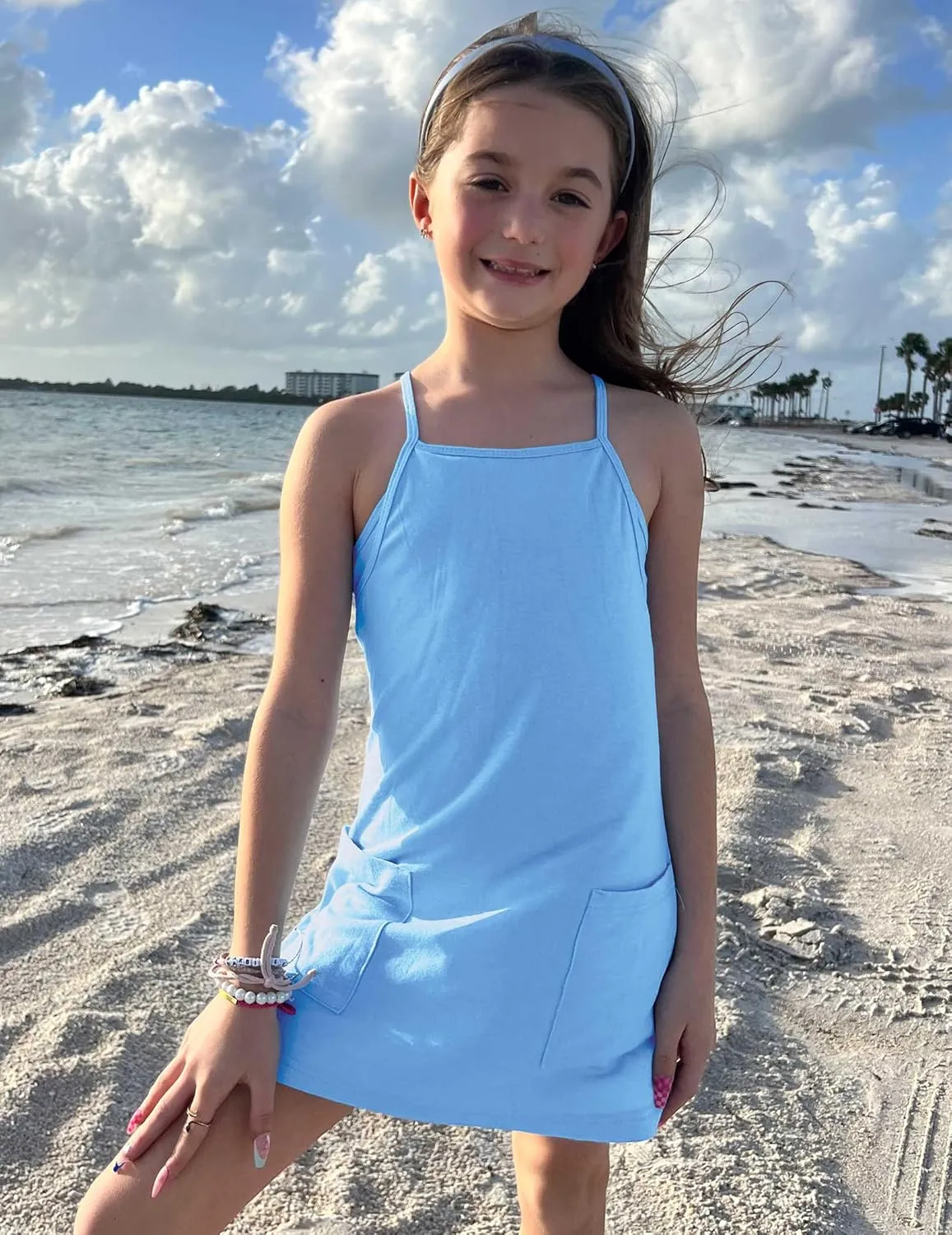 Arshiner Girls Dress with Shorts Casual Summer Spaghetti Straps One Piece Romper Dresses with Pockets for Kid 5-15 Y