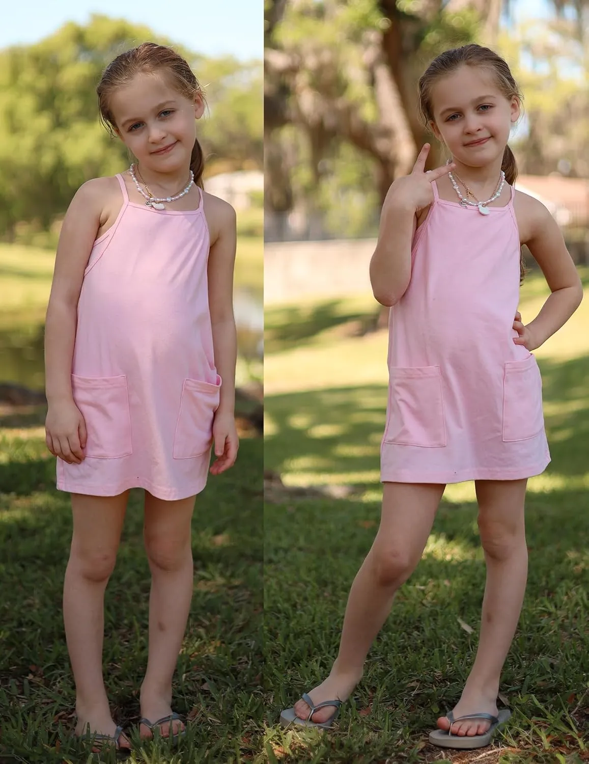 Arshiner Girls Dress with Shorts Casual Summer Spaghetti Straps One Piece Romper Dresses with Pockets for Kid 5-15 Y