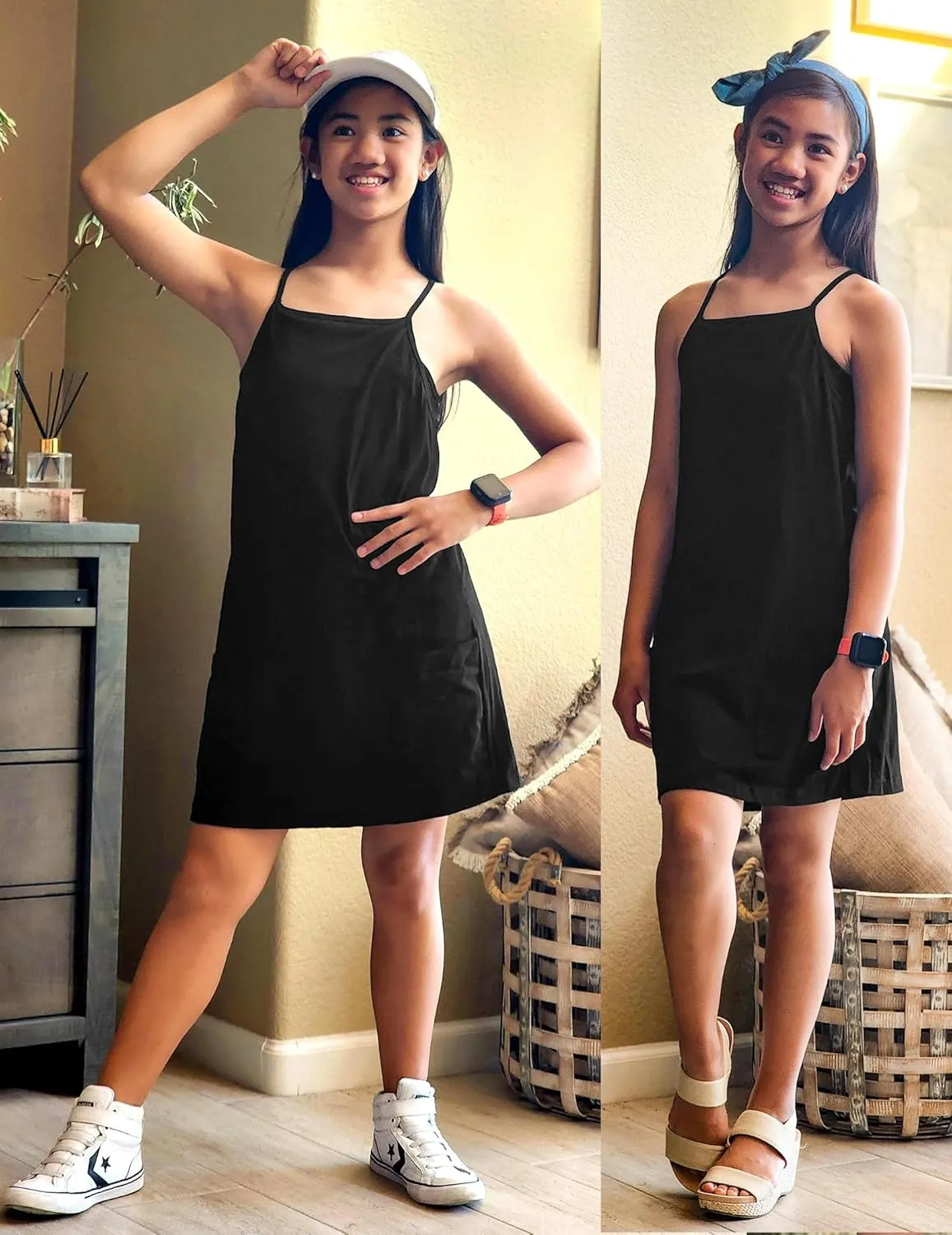Arshiner Girls Dress with Shorts Casual Summer Spaghetti Straps One Piece Romper Dresses with Pockets for Kid 5-15 Y