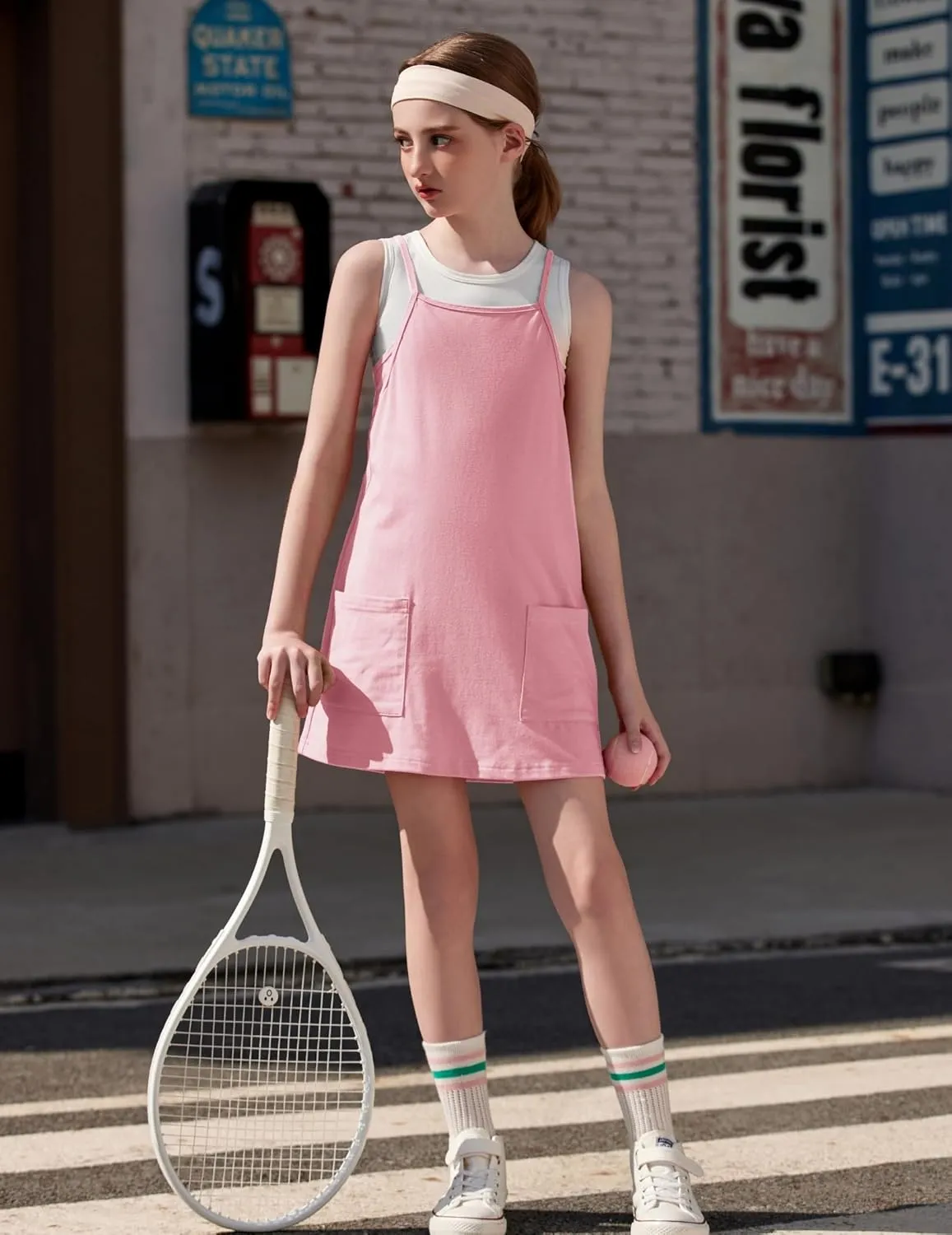 Arshiner Girls Dress with Shorts Casual Summer Spaghetti Straps One Piece Romper Dresses with Pockets for Kid 5-15 Y