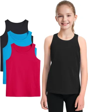 Auranso Girls Tank Tops Sleeveless Racerback Athletic Shirts Cotton Dance Outfit Workout Tops 3 Pack