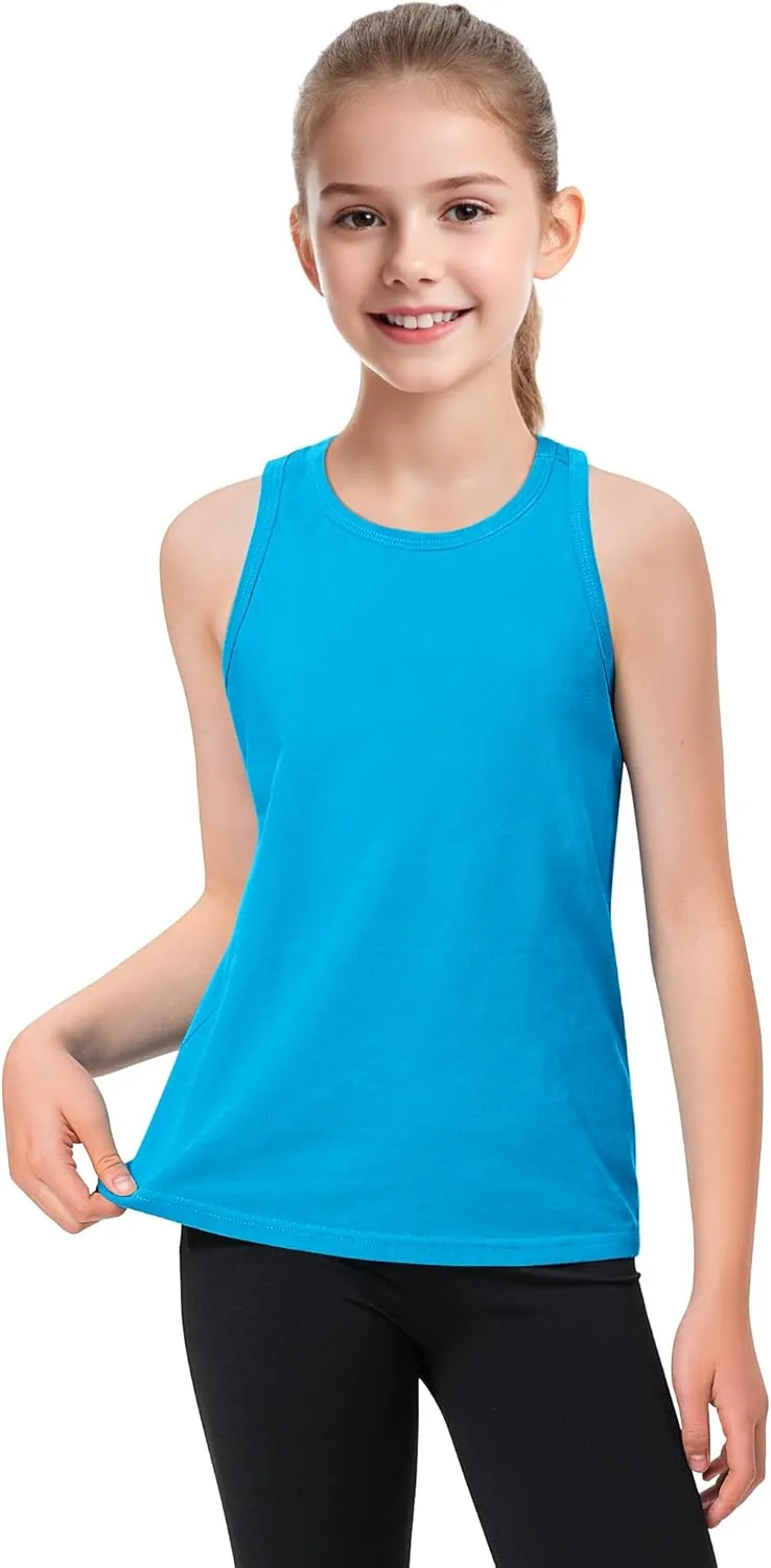 Auranso Girls Tank Tops Sleeveless Racerback Athletic Shirts Cotton Dance Outfit Workout Tops 3 Pack