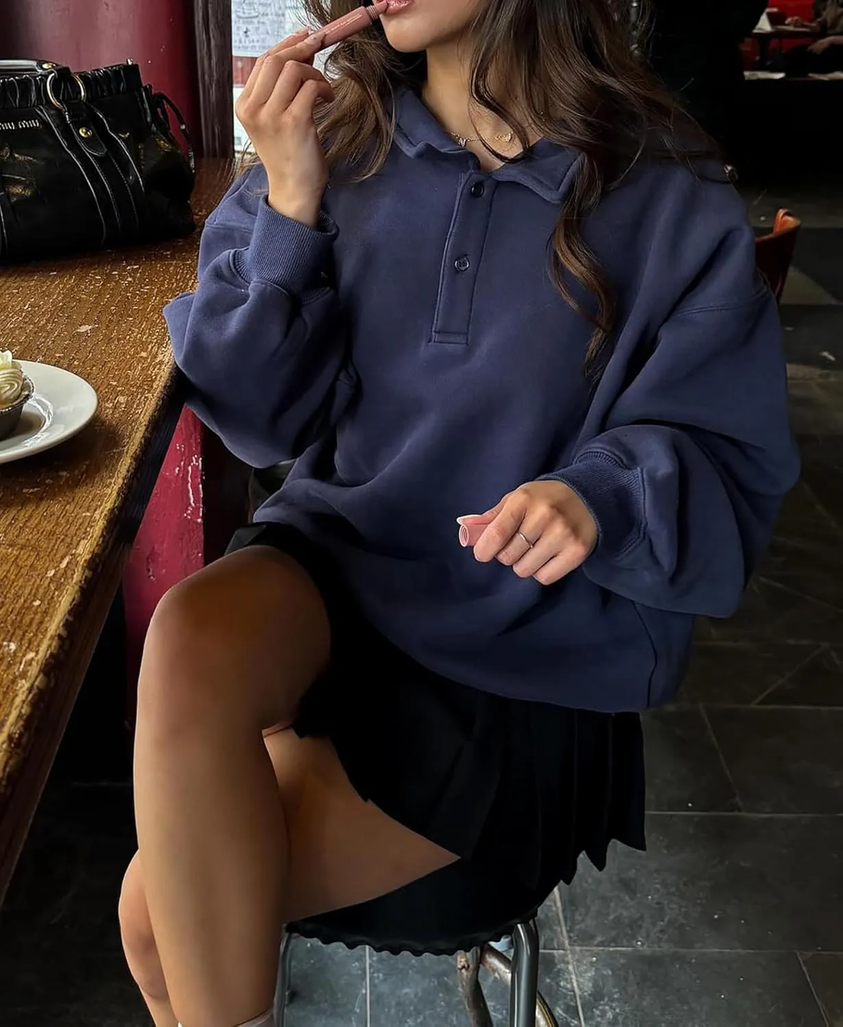BAIGRAM Women Quarter Button Up Collar Polo Sweatshirt Oversized Fleece Fall Casual Pullover Tops 2024 Cute Outfits