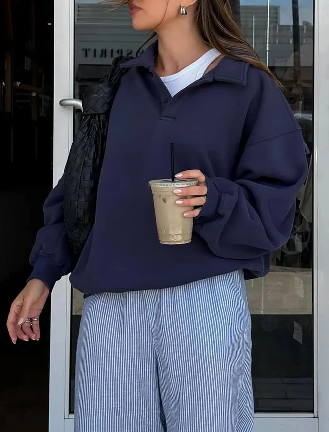 BAIGRAM Women Quarter Button Up Collar Polo Sweatshirt Oversized Fleece Fall Casual Pullover Tops 2024 Cute Outfits