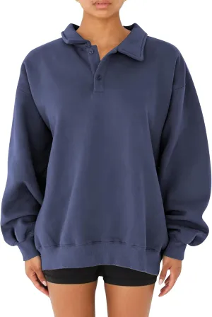 BAIGRAM Women Quarter Button Up Collar Polo Sweatshirt Oversized Fleece Fall Casual Pullover Tops 2024 Cute Outfits