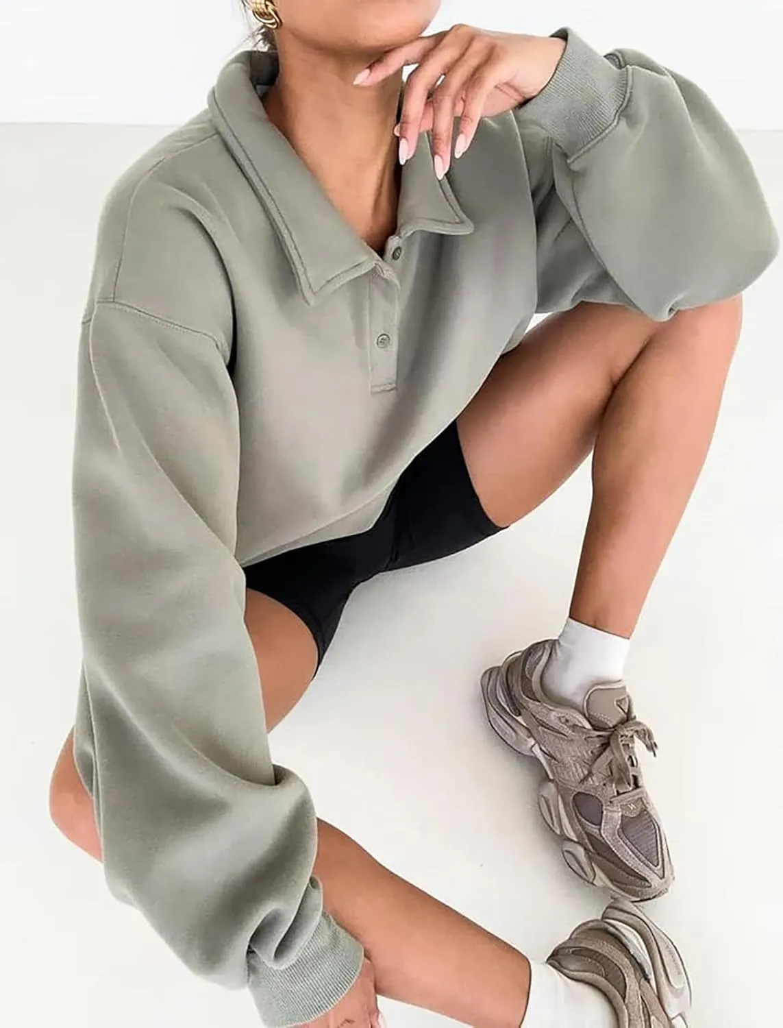 BAIGRAM Women Quarter Button Up Collar Polo Sweatshirt Oversized Fleece Fall Casual Pullover Tops 2024 Cute Outfits