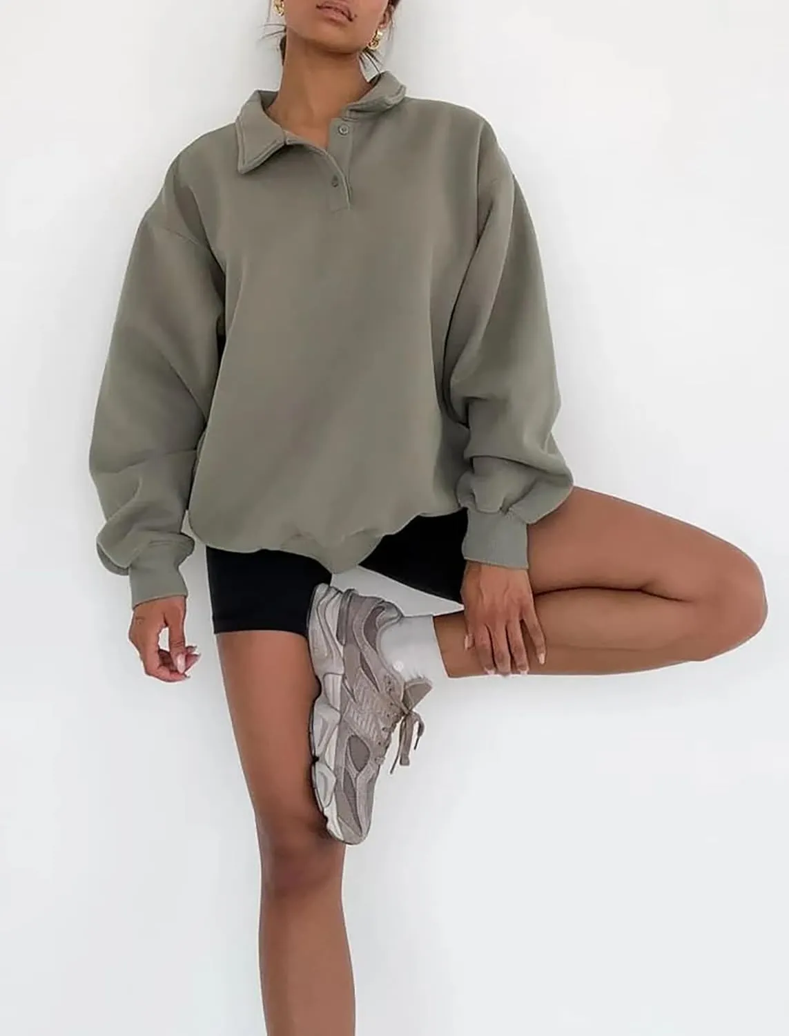 BAIGRAM Women Quarter Button Up Collar Polo Sweatshirt Oversized Fleece Fall Casual Pullover Tops 2024 Cute Outfits
