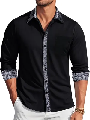 Barry.Wang Mens Dress Shirts Long Sleeve Button Down Business Formal Shirt Collar Cuff Contrast Casual Shirt Wedding