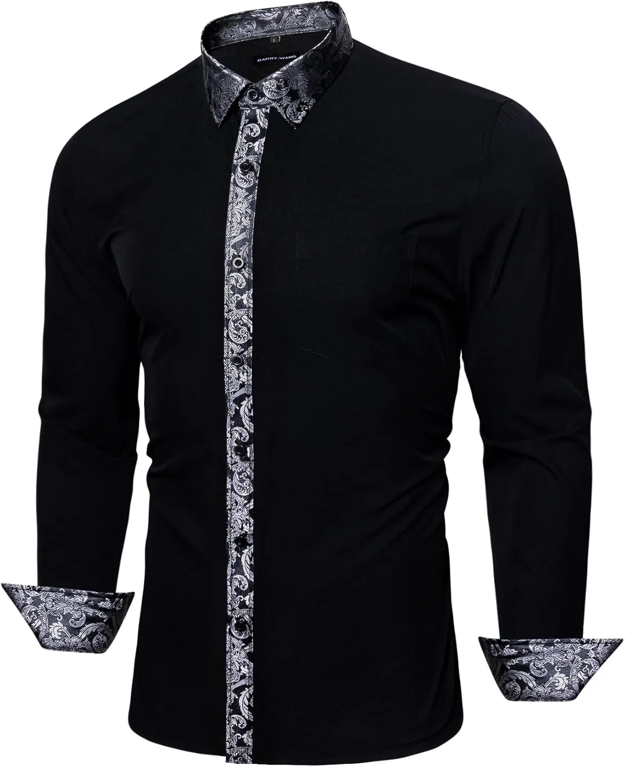 Barry.Wang Mens Dress Shirts Long Sleeve Button Down Business Formal Shirt Collar Cuff Contrast Casual Shirt Wedding