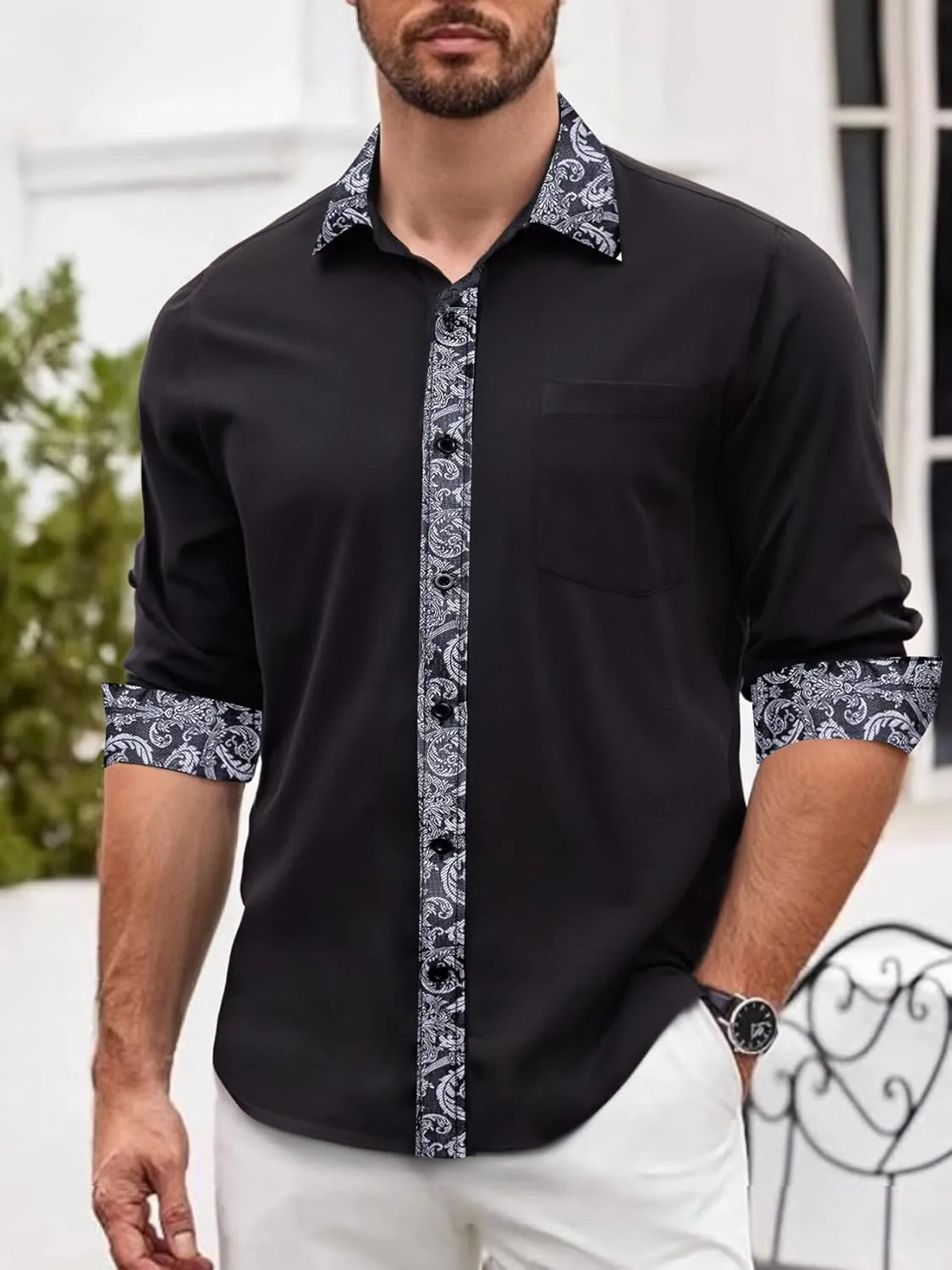 Barry.Wang Mens Dress Shirts Long Sleeve Button Down Business Formal Shirt Collar Cuff Contrast Casual Shirt Wedding