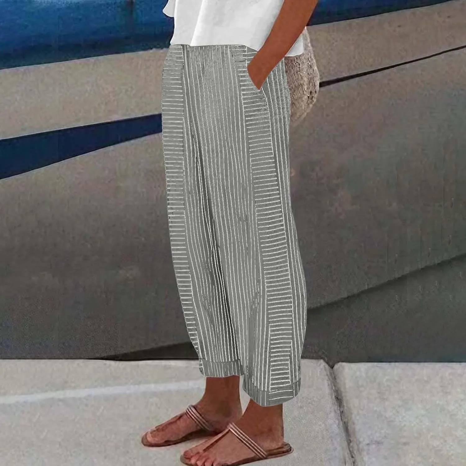 Beach Vacation Clothes for Women Elastic Waist Side Back Four Pockets 9/10 Pants Petite Summer Beachwear