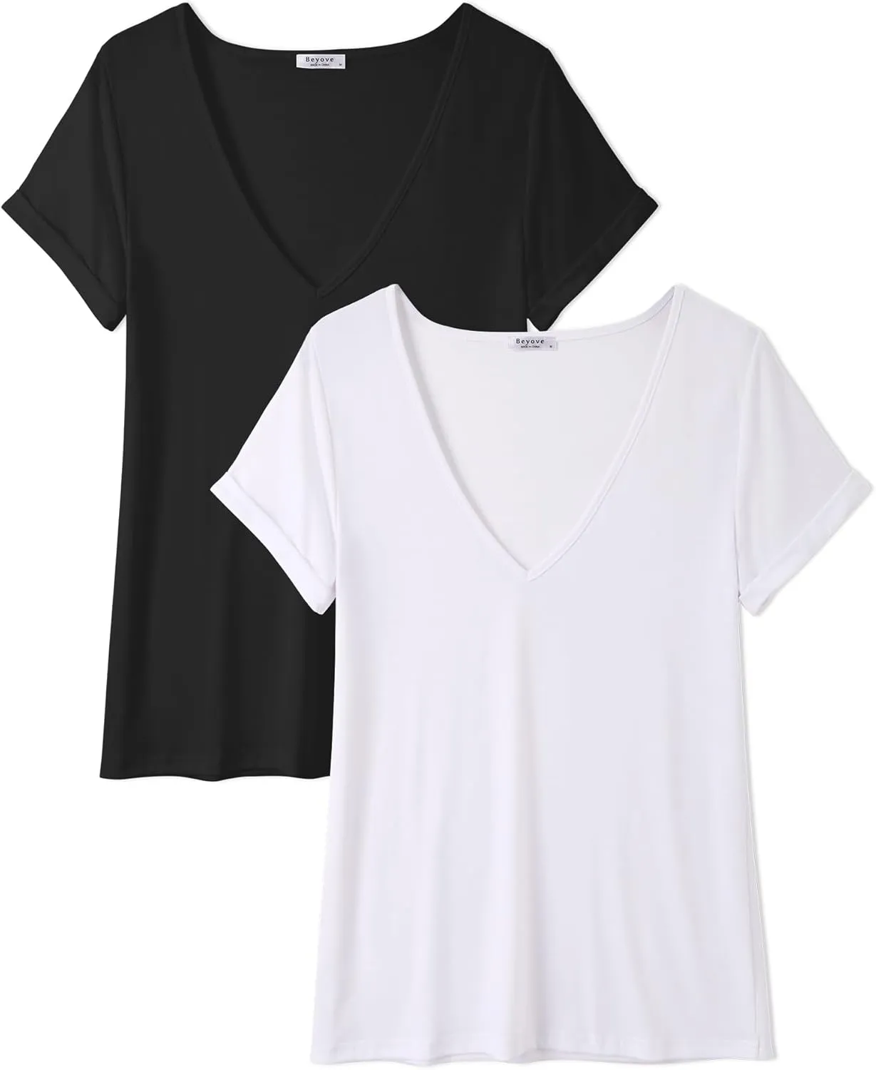 Beyove Women's Deep V T-Shirt Summer Short Sleeve Loose Casual Top(S-3XL)